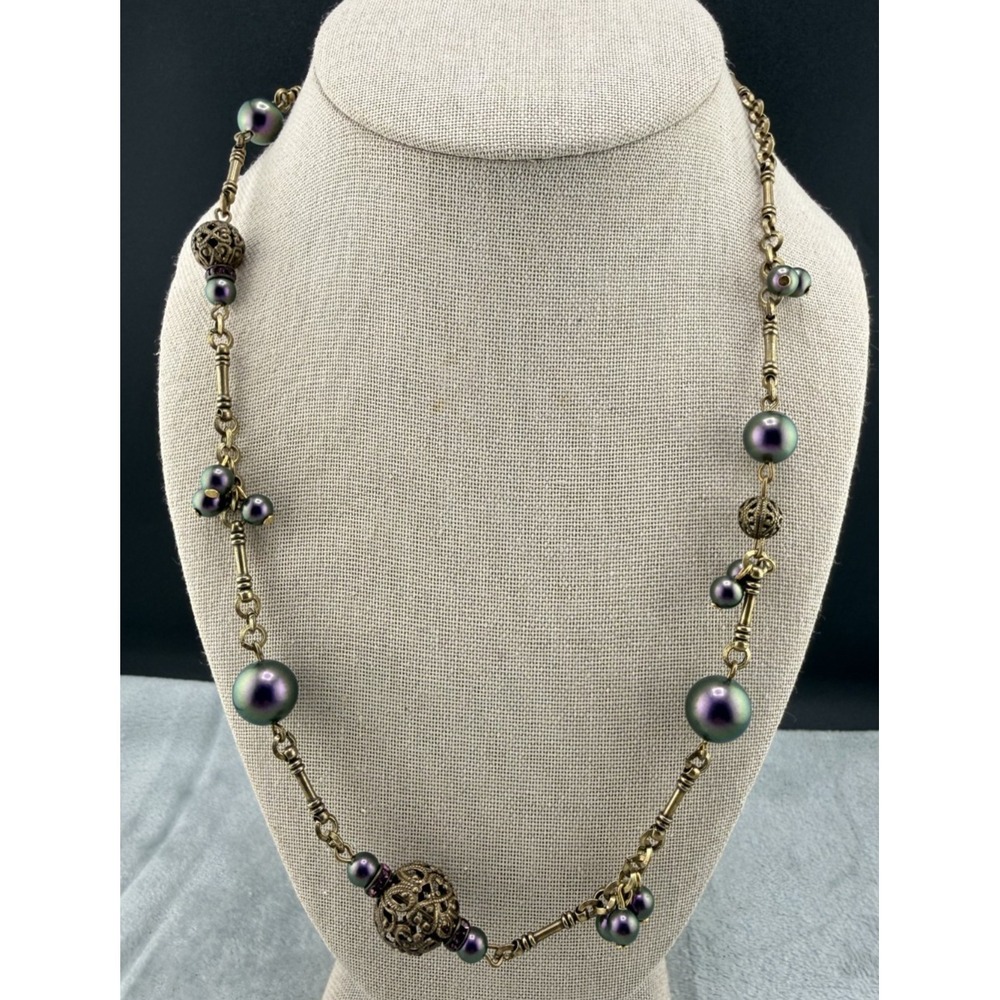 Anne Koplik Designs Necklace Purple Oil Slick Beads Peacock Gold Tone 21" Signed
